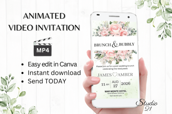 Elegant Floral Digital Invitations: Pink Roses Wedding Brunch