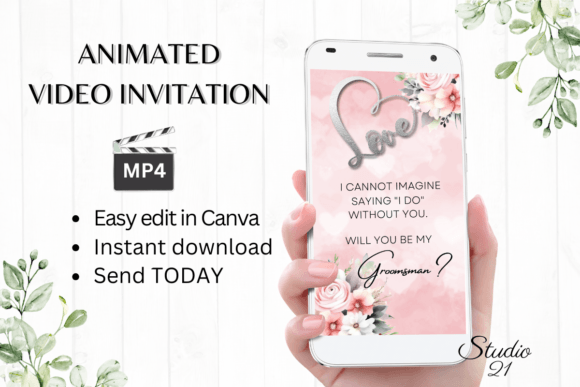 Pink Roses Groomsman Proposal: Elegant Digital Invites